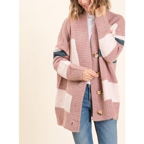 Women Mid-long Cardigans 2021 Fall V-Neck Loose patchwork Open Stitch Women Sweater Cardigans Free Knit Sweater