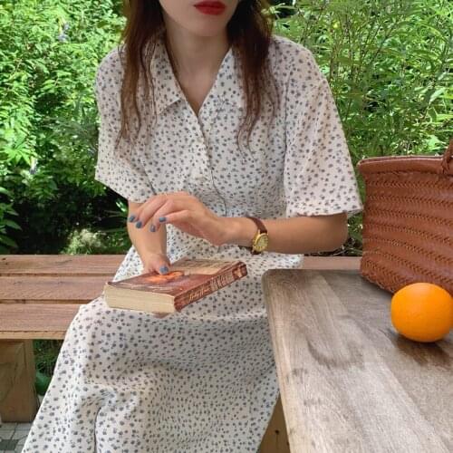 Women Summer Long Floral Shirt Dress 2021 New Lapel Collar Single Breasted Loose Waist Vintage Midi Sundress