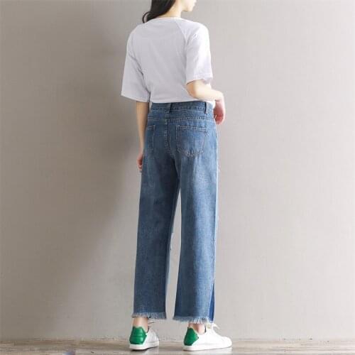 2020 Spring Korean Washed Jeans For Women Tassel Loose Wide Leg Pants Patchwork Hole Ripped Plus Size Boyfriend Jeans Trousers