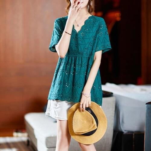 Large Size Long Sleeve Hollow Out Blouses Shirts Summer Loose Short Sleeve Tops Casual Shirts Fashion Blusas MM0259
