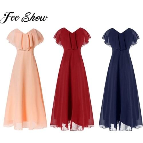 Kid Girls Child Flower Chiffon Tulle Lace Dress Birthday Party and Wedding Bridesmaid V Neck Ruffle Formal Summer Maxi Dress