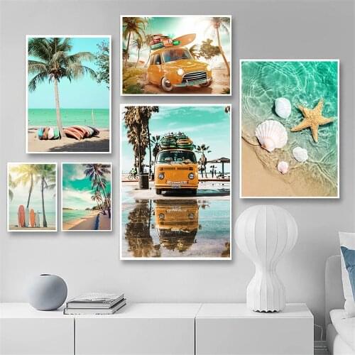 Ocean Coconut Tree Surfboard Art Poster Beach Shell Starfish Canvas Painting Travel Car Wall Art Print Nordic Picture Home Decor