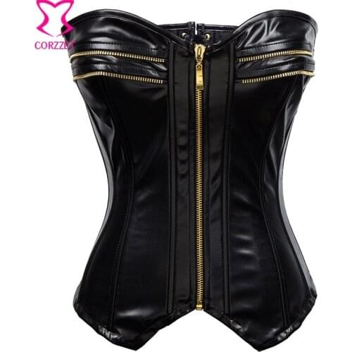 Gothic Gold Zipper Black Glossy Leather Overbust Corset Bustier Gothique Punk Corsets And Bustiers Sexy Corpetes Corseletes