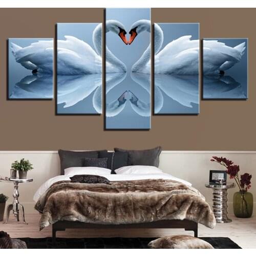 HD Canvas Art Painting For Living Room Wall Decor 5 Pieces White Swan Love Heart Shape Picture