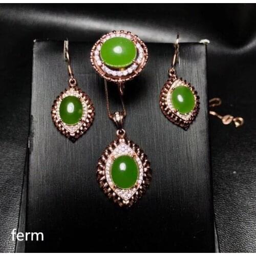 KJJEAXCMY exquisite jewelry 925 pure silver inlaid natural jade Girl Jewelry Set Ring Pendant Earrings 4 sets
