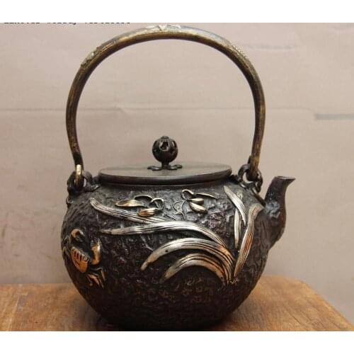 Jepanese Iron Silver Gilt Orchid Flower River Crab Water Bottle TeaPot Teakettle