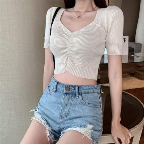 Crop Top Women Summer 2020 Korean Style Sexy Pleated V Neck Puff Sleeve Bodycon Crop Top T Shirt Knitwear tee shirt femme T480
