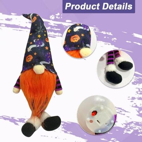 M17D Halloween Gnome Plush Elf Decorations with LED Lights Handmade Scandinavian Tomte Dwarf Table Ornament Holiday Party
