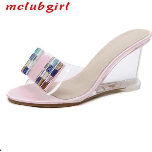 Mclubgirl Rhinestone Crystal Wedge Slippers Female Summer Platform Non-Slip Platform--Style Ultra-High-Heel Sandals LFD