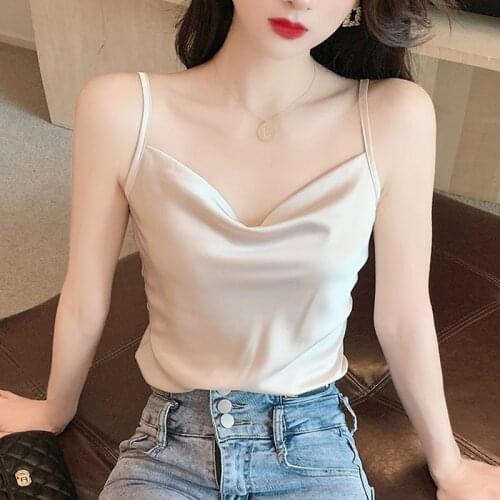 Shintimes Fashion Silk Sleeveless Tank Tops Women Clothes 2021 Summer Solid Sexy Club V-neck Korean Fashion Camisole Top Femme