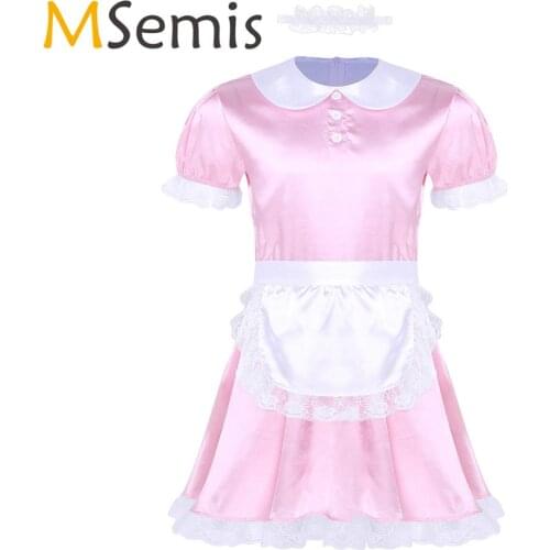 MSemis Mens Sissy Girl Maid Lingerie Dress Uniform Sexy Roleplay Costume Clubwear Gay Sissy Satin Dress with Headband and Apron