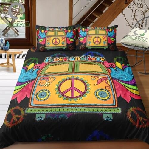 BOMCOM 3D Digital Printing Camper Van Kombi Hippie Peace Symbol Background Duvet Cover Sets 100% Microfiber Black