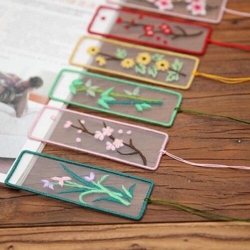 Flower Bamboo Pattern Rectangle Bookmark Unfinished Organza Embroidery Kit DIY Sewing Cross Stitch Set Tassel Thread Tools Pack