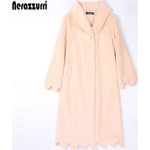 Nerazzurri Winter Black Nude Long Warm Soft Faux Fur Coat with Shawl Collar Scallop Trim Black Fluffy Jacket Women 2021 Fashion