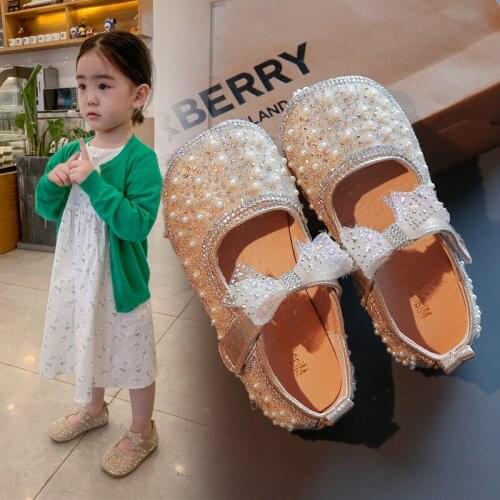 Girls Single Shoes Summer New Fashion Water Drill Pearl Little Girl Cute Bow Princess Small Leather Shoes Kids Fashion