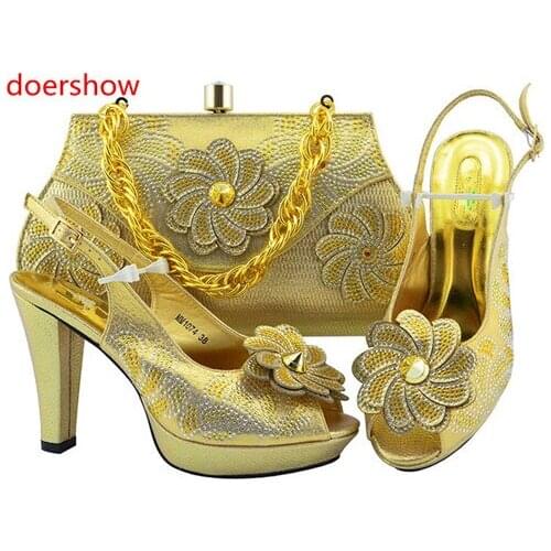 Doershow Charming Italian Shoes With Matching Bags Rhinestones gold High Quality African Shoes And Bags Set for wedding !HH1-19