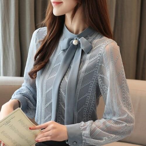 Autumn Long Sleeve Blouse Women Bow Stand Collar Lace Blouse Shirt Tops Women Blusas Mujer De Moda 2021 Blouses Top Femme B910