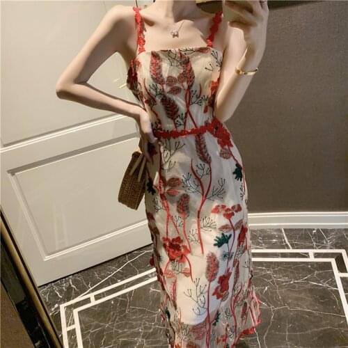 Sexy Sling Seaside Vacation Beach Dress 2021 Summer Women Flower Embroidered Mesh Stitching Vintage Boho Paty Dress