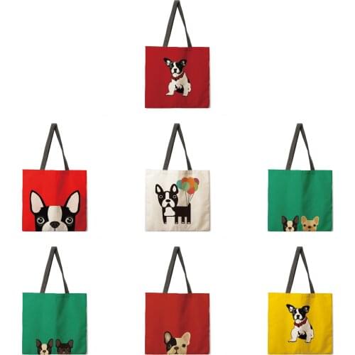 Cartoon bulldog print tote bag linen fabric casual tote bag foldable shopping bag reusable beach bag lady shoulder bag