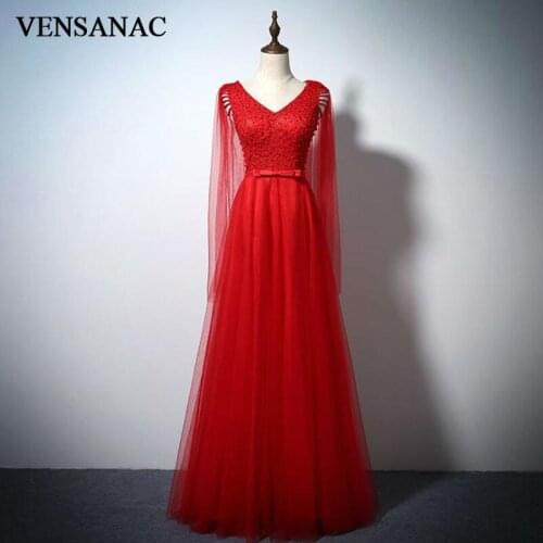 VENSANAC 2017 New Beadings V Neck Long Evening Dresses Sleeveless Elegant Embroidery Sash Tank Lace Party Prom Ball Gowns