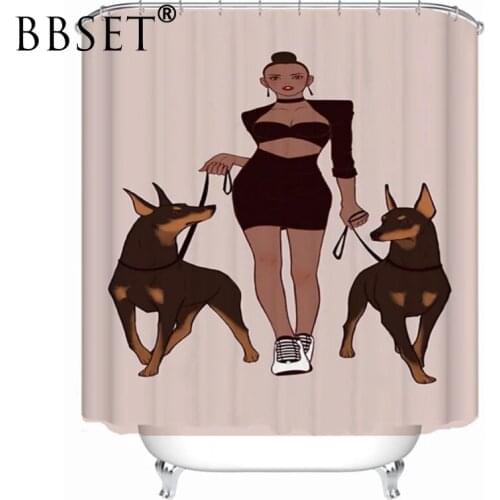 High Quality Shower Curtain Pretty Woman Holding Two Strong Dogs Pattern Waterproof Multi-size Cortina De Bano Bathroom Decor