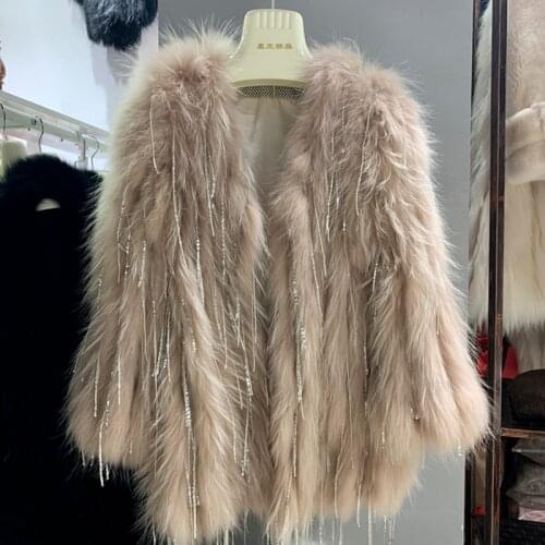 2021 Women Natural Raccoon Fur Knitted Sequins Outerwear Brand Luxury Real Fur Coat Long Winter Jacket Thick Streetwear