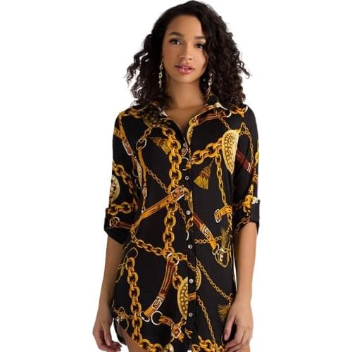 2021 New Womens Summer Tunic Long Top Fashion Chain Print Stand Collar Shirt Autumn Sexy Fashion Casual Wear