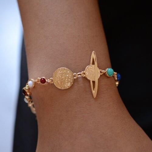 1 Pcs Punk Female Bracelets Sun Eight Planets Cosmic Color Crystal Gold Bracelet Women Wedding Party Jewelry Accessories