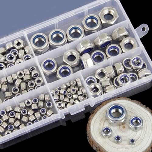 180Pcs/set DIN985 M3 M4 M5 M6 M8 M10 M12 304 Stainless Steel Hexagon Nylon Lock Nuts Set Screws Hex Socket Furniture Bolts Kit