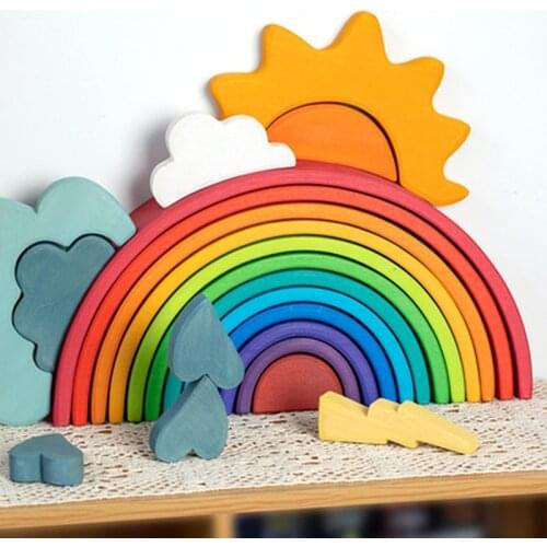28 Style Large Rainbow Stacker Nesting Puzzle Toys Tunnel Stacking Game Montessori Wooden Building Blocks Toy For Children