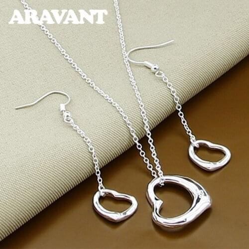 925 Silver Hollow Heart Pendants Necklace Long Drop Earrings For Women Wedding Jewelry