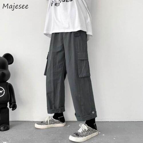 Trendy Casual Pants Men Pockets Loose Straight Elastic Waist Safari Style Hip Hop Trousers High Street Vintage Korean Stylish