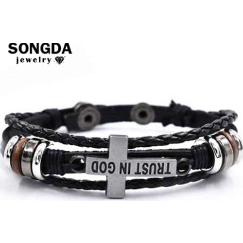 Cross Letter Leather Bracelet Religious Trust in God Vintage Metal Bead Braid Rope Bracelet for Believers Handmade Faith Gifts