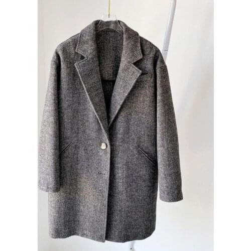 Fashion Overized Single Breasted Long Sleeves Seam Pockets Coats 2021SS Woman Grey Wool blend Herringbone Coat