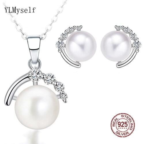 Real 925 Silver Necklace & Earrings Set With Natural Freshwater Pearl// Zircon Luxury 2pcs Fine Jewelry for Women