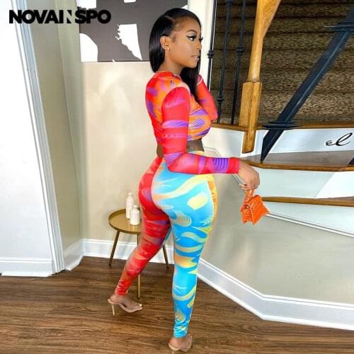 NOVAINSPO Multicolor O Neck Sporty Cropped Tops And Pants Sets Long Sleeve Skinny High Waist Printing Sportswear Two Piece Set