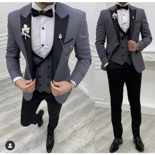 New Grey Costume Slim Fit Men Suits Black Pant Slim Fit Groom Tuxedos for Formal Wedding Suit Jacket Pant Vest 3 Pieces Blazer