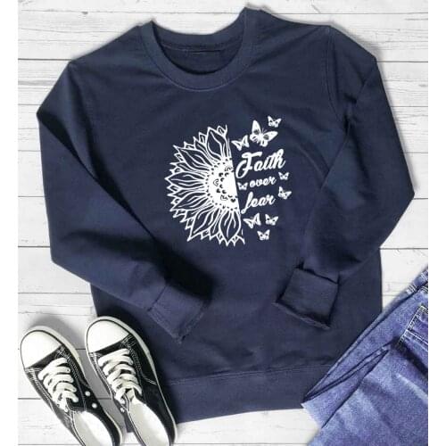 Sunflower Christian Faith Over Fear Religious Butterfly graphic quote sweatshirt pure cotton hipster pullovers church gift tops
