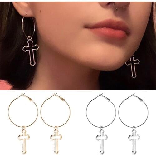 Hot Punk Hollow Cross Pendant Dangle Earrings For Women Silver Color Round Circle Drop Earring Ear Jewelry Gifts