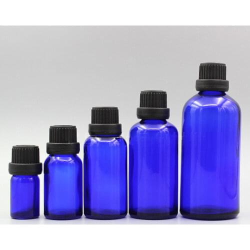 24 X 5ml 10ml 15ml 20ml 30ml 50ml 100ml Empty Blue Glass Essential Oil Bottle With Reducer , Glass Vial Tamper Evident Caps