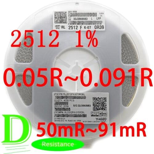 50PCS SMD Low Resistance Resistor 2512 1% RL2512FK-07 0.05R 0.051R 0.056R 0.06R 0.062R 0.068R 0.07R 0.075R 0.082R 0.09R 0.091R