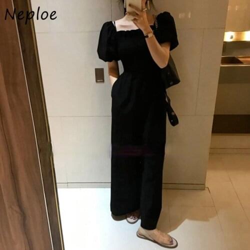 Neploe Square Collar Sexy Clavicle Exposed Black Dress Wome High Waist Hip A Line Split Vestidos Summer 2021 New Robe Long