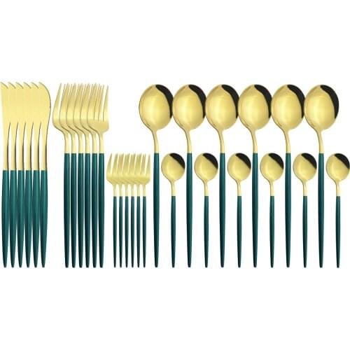 30Pcs/Set Stainless Steel Dinnerware Green Gold Cutlery Set Knives Cake Forks Coffee Spoon Tableware Kitchen Silverware Flatware