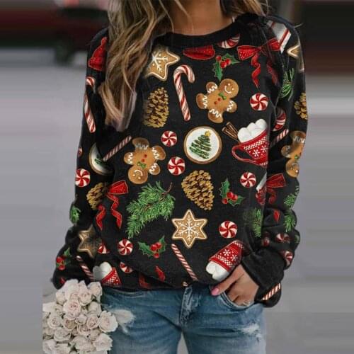Autumn and winter womens new Christmas print round neck long-sleeved fleece sweater