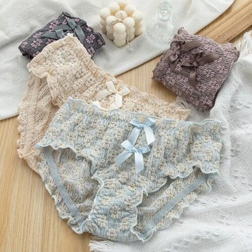 2021 New Japanese Underwear Womens Cotton Panties Sexy Lace Underpants Mid Waist Seamless Comfort Briefs Female Bow Lingerie