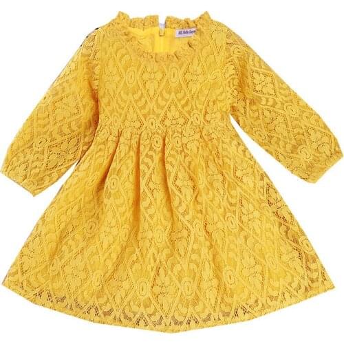 Yellow Grils Princess Dress For Wedding Party Lace Long sleeve Little Girls Dress O-Neck Kids Clothes For Spring Fall 2 3 4 5 7T