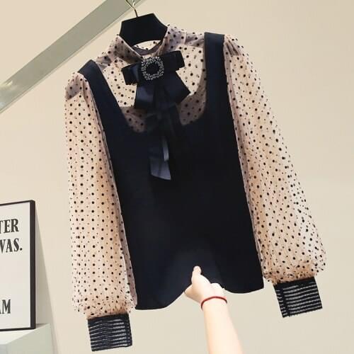 Personalized Polka Dot Chiffon Long Sleeve Patchwork Knit Shirt Women 2021 Spring New Lady Chic Top Bow Stand Collar