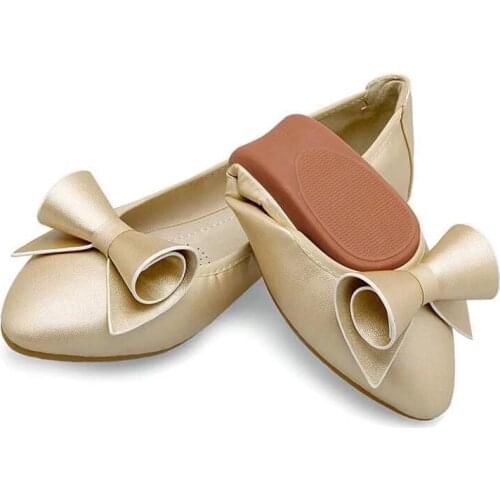 2019 Arrival Womens Foldable Ballet Flats Pointed Toe Bowknot Big Size Shoes Woman Soft Sole Sweet Office Ladies Flat XKD1019