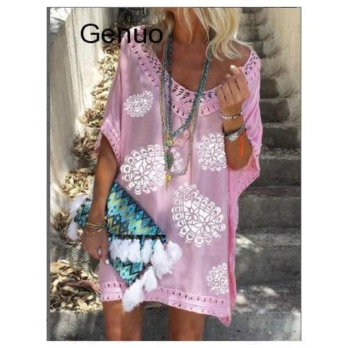 Bohemia Dress Women V-neck Mini Dress Fashion Hollow Out Dress Summer Dot Print Dresses Female Short Sleeve Dress Vestido Mujer