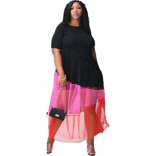 Sexy Plus Size Patchwork Short Sleeve Holiday BEACH Dress Women Loose Mesh See Through Dresses Irregular Outfits XL~5XL